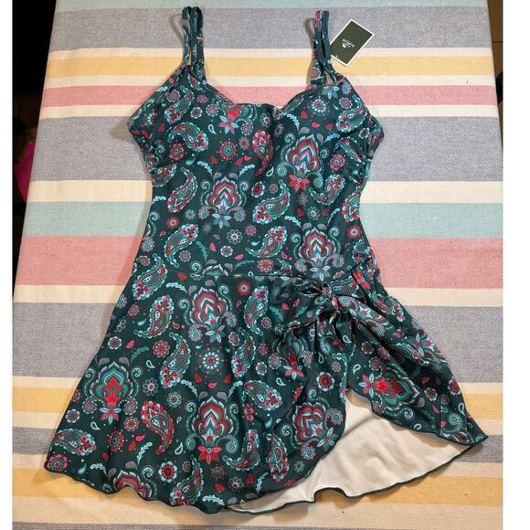 NWT, Eomenie Green Paisley Swim Dress Swimsuit Size Large - Picture 1 of 6